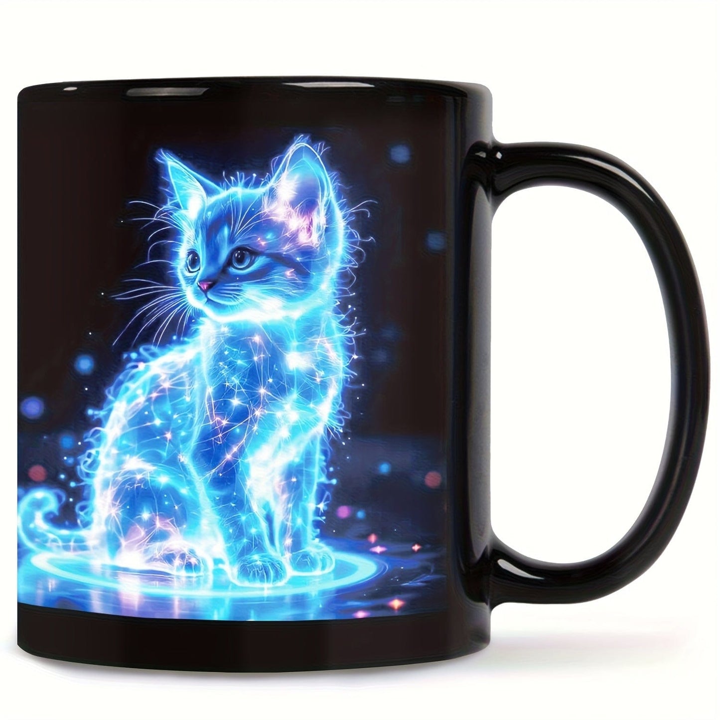 1pc Glowing Neon Blue Cat Coffee Mug - Ceramic Cup with Electric Blue Kitten & Stars, Dishwasher Safe - Perfect Gift for Cat Lovers, Birthdays, Christmas, Valentine's - Ideal for Home, Cafes, Offices - Decorative Kitchenware, - FastZen