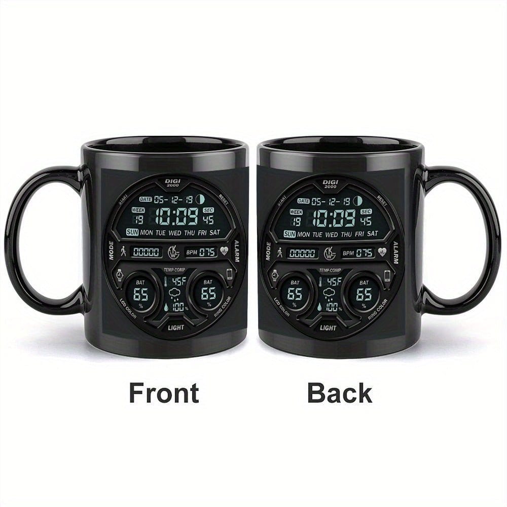 1pc Large 11oz Coffee Mug Cup with Digital Clock Design - Black with Blue Accents, Heavy - Duty Construction for Camping, Home, Office - Ideal Gift for Christmas, Halloween, Thanksgiving, Father's Day - Hand Wash Only - Ideal f - FastZen