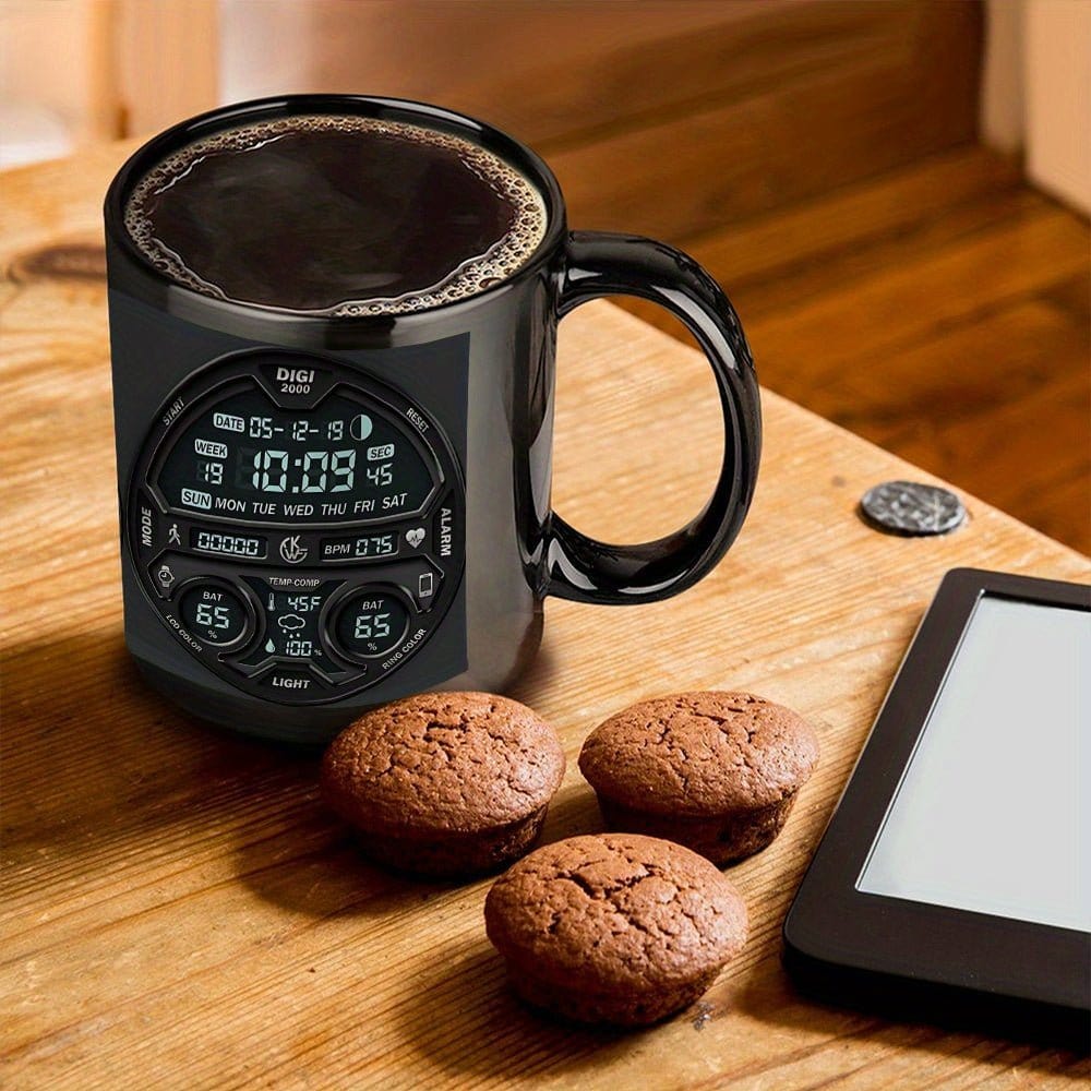 1pc Large 11oz Coffee Mug Cup with Digital Clock Design - Black with Blue Accents, Heavy - Duty Construction for Camping, Home, Office - Ideal Gift for Christmas, Halloween, Thanksgiving, Father's Day - Hand Wash Only - Ideal f - FastZen