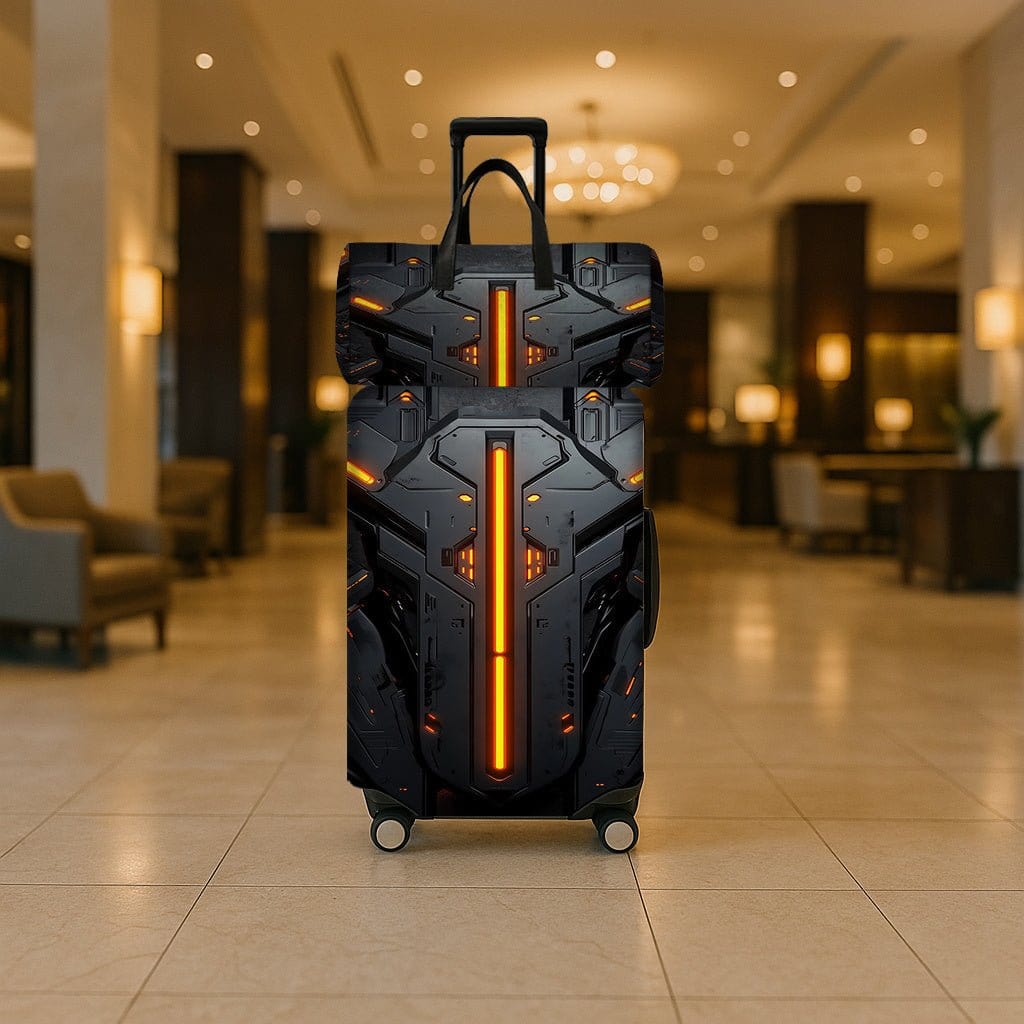 2pcs 2D Flat Travel Luggage Cover Set (1 Suitcase Cover + 1 Travel Bag) (Suitcase Not Included), Featuring a Tech Style with Mechanical Armor Element Designs on The Suitcase Cover And Travel Bag, Essential Travel Accessories, - FastZen