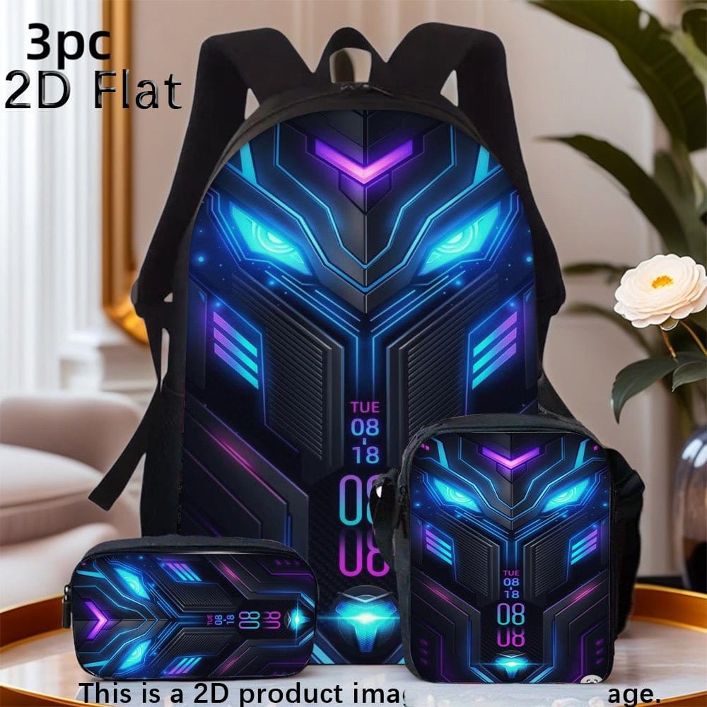 3pcs Steel Style Game Backpack Set Includes a Large Capacity Backpack, a Pencil Case And a Zippered Lunch Bag with Adjustable Shoulder Straps, Making It a Great Travel And Commuting Gift. - FastZen