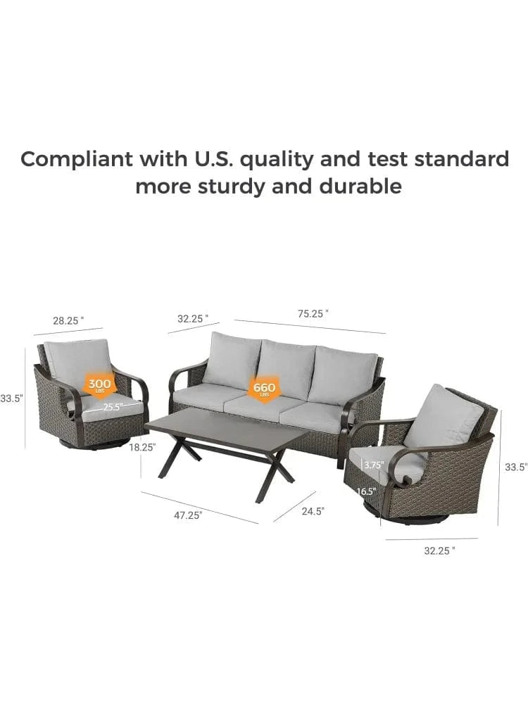 4 - Piece Outdoor Patio Furniture Set – Wicker Rocking & Swivel Chairs with Cushions and Coffee Table - FastZen