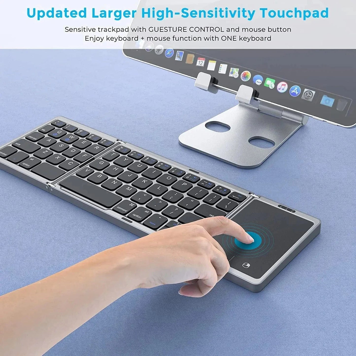 Dual Bluetooth 5.1 Foldable Keyboard with Touchpad – 3-Fold Mini Wireless Keyboard for Windows, Android, iOS, iPad | Rechargeable & Portable