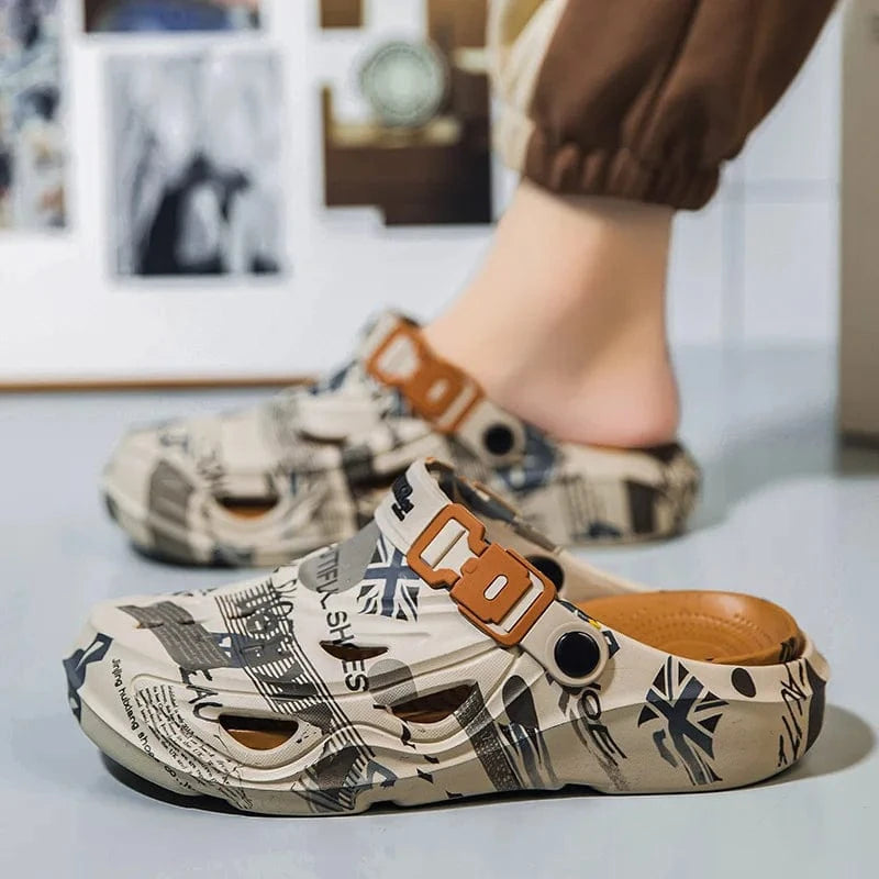 Men’s Sport Sandals – Lightweight EVA Slip-On Beach Slides with Buckle, Graffiti Design