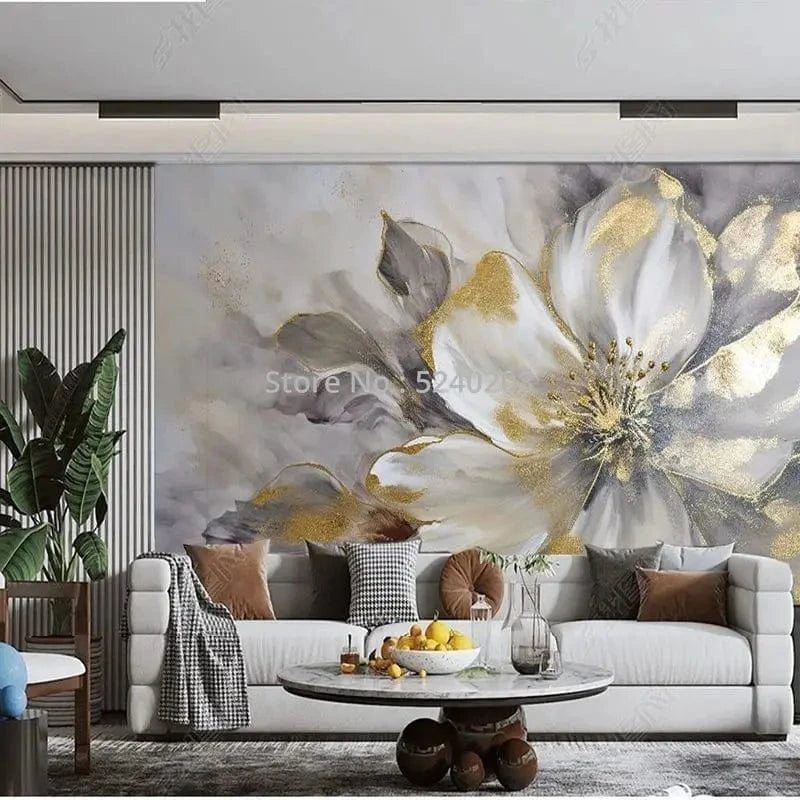 Custom 3D Modern Gold Leaf Flower Art Wallpaper Mural