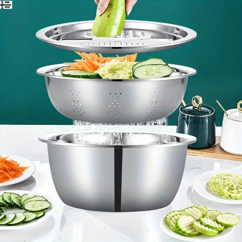 Ensemble 3 Pièces Inox Multifonction – Passoire, Saladier & Panier pour Laver