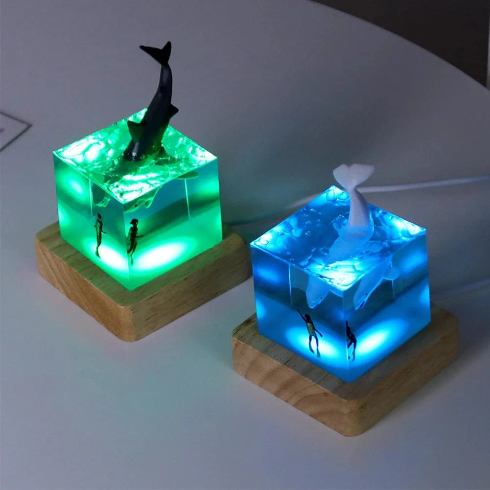 Marine Whale Cube Ornament – Ocean Diver Resin Decoration with Optional Light Base