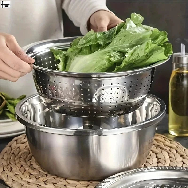Ensemble 3 Pièces Inox Multifonction – Passoire, Saladier & Panier pour Laver
