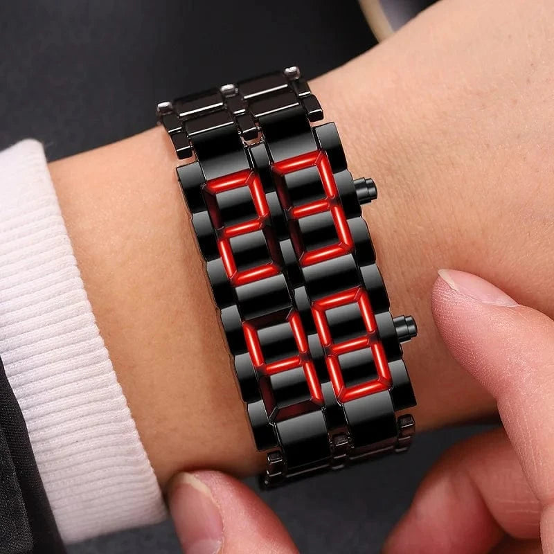 Fashion Men’s Digital Lava Wrist Watch – Full Black Metal with Red/Blue LED Display | Creative Sports Clock, Stylish Gift for Men & Boys