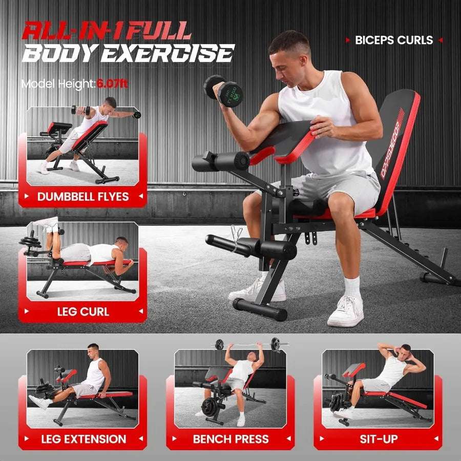 Verstellbare Hantelbank mit Beinstreckung und Beincurler, Workout-Bankdrücken, Scottbank mit Rollen, 800 LBS Flach-/Schrägbank