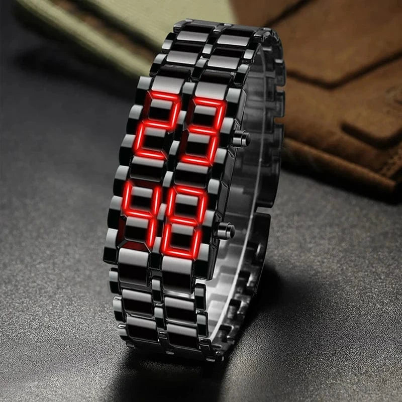 Fashion Men’s Digital Lava Wrist Watch – Full Black Metal with Red/Blue LED Display | Creative Sports Clock, Stylish Gift for Men & Boys