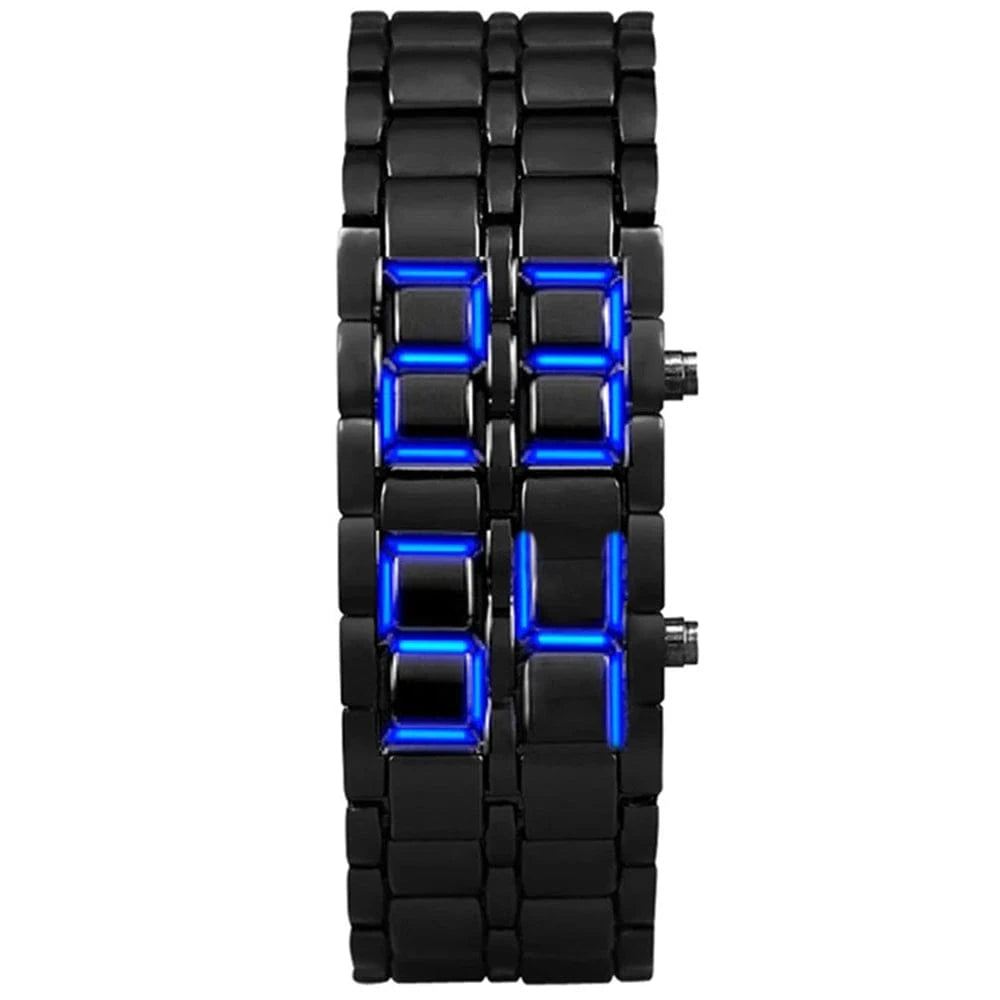 Fashion Men’s Digital Lava Wrist Watch – Full Black Metal with Red/Blue LED Display | Creative Sports Clock, Stylish Gift for Men & Boys