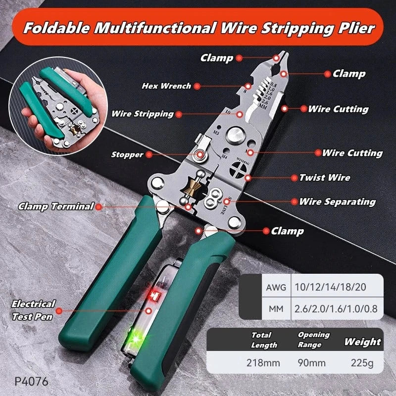 Multifunctional Wire Stripper & Electrical Test Pen – Foldable Cable Cutter & Crimper Tool