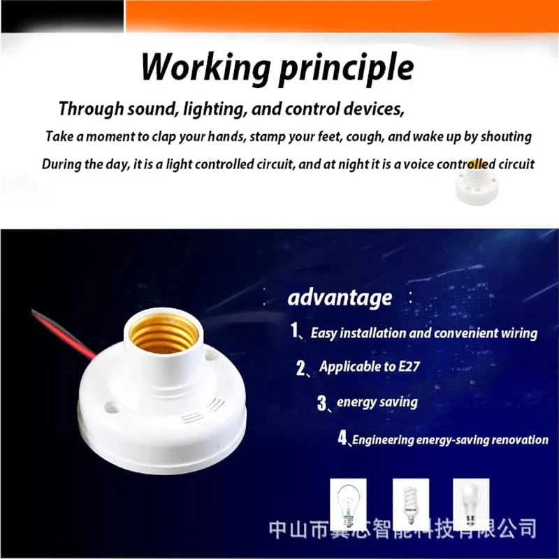 E27 Screw Lamp Base Sound & Voice Control Light Socket with Delay Switch – AC180-240V LED Bulb Holder