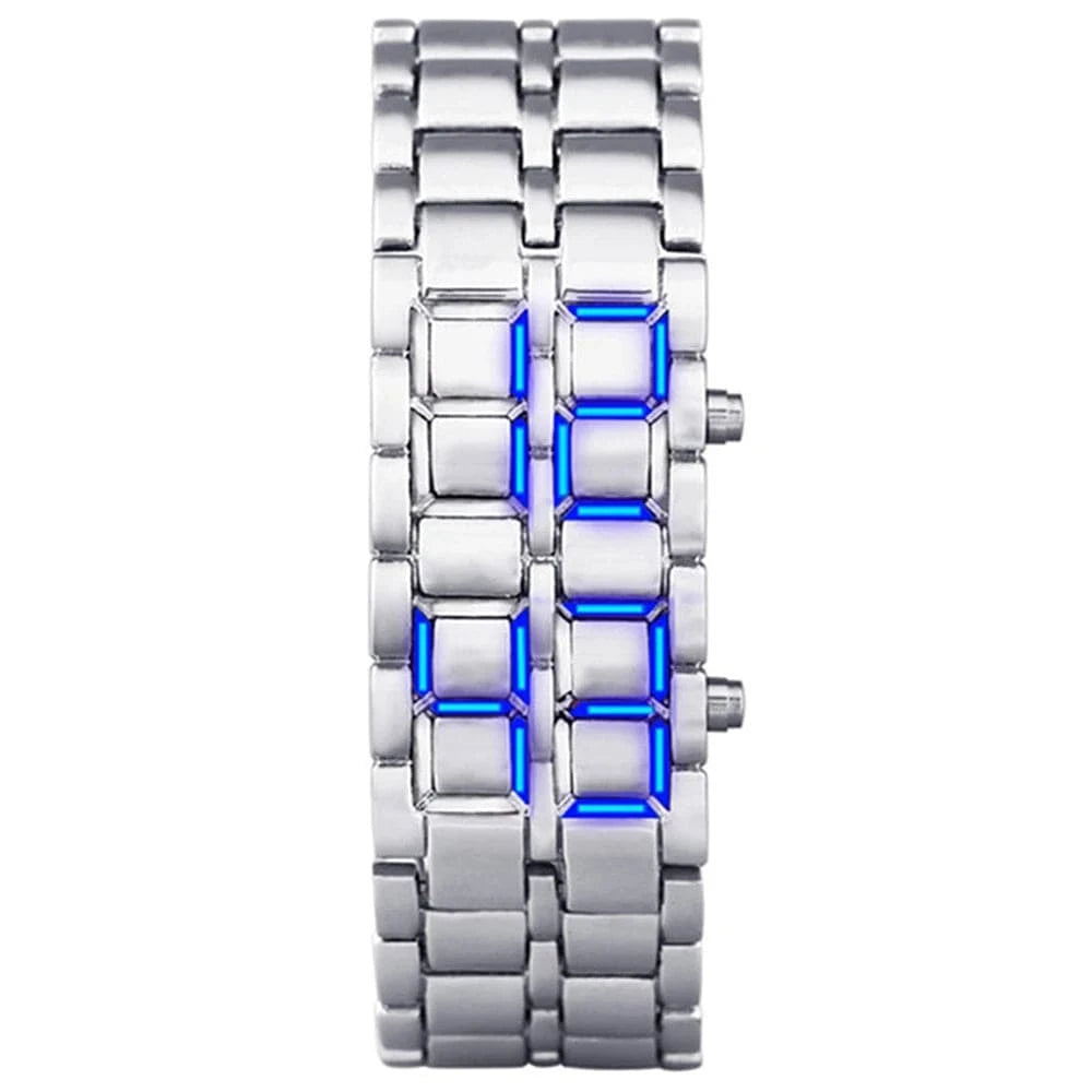 Fashion Men’s Digital Lava Wrist Watch – Full Black Metal with Red/Blue LED Display | Creative Sports Clock, Stylish Gift for Men & Boys
