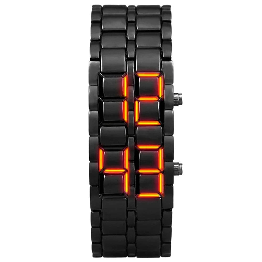 Fashion Men’s Digital Lava Wrist Watch – Full Black Metal with Red/Blue LED Display | Creative Sports Clock, Stylish Gift for Men & Boys