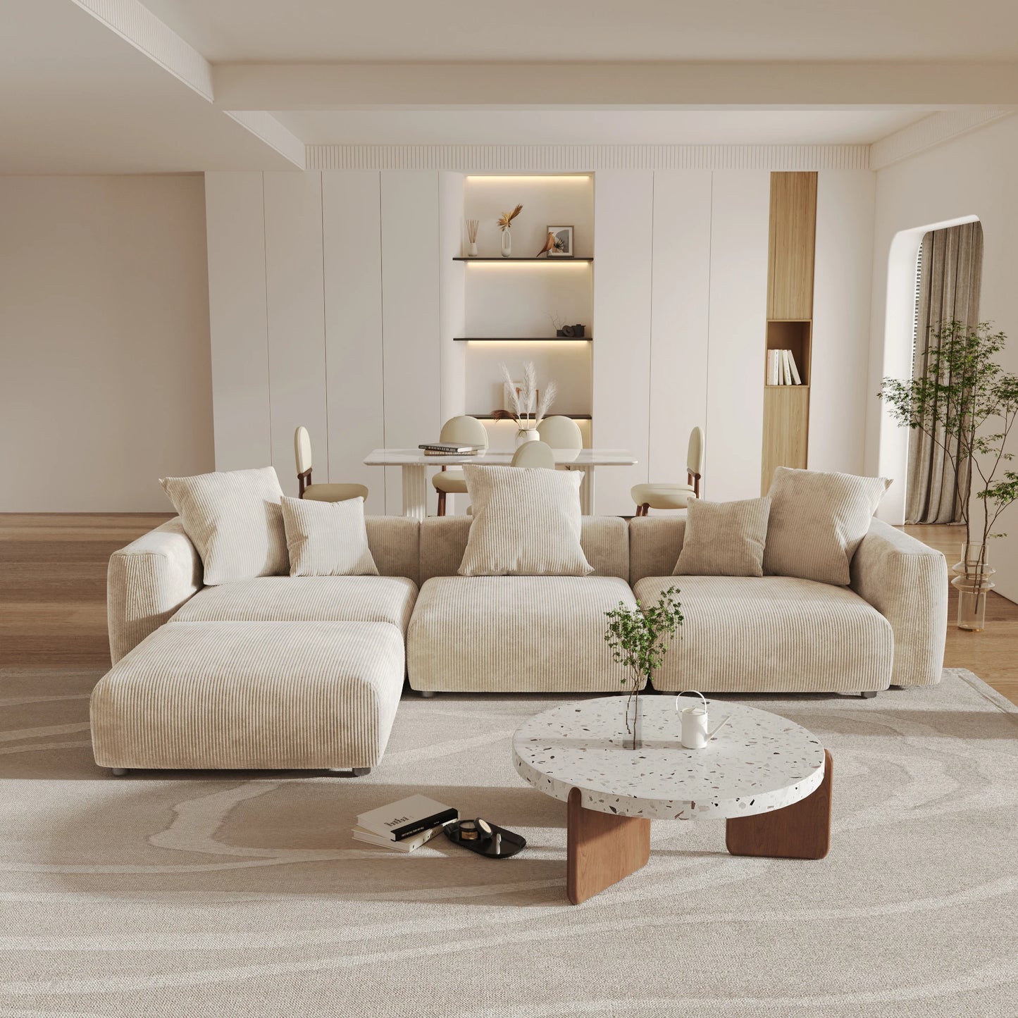 Sdorens 141.73'' L-förmiges Ecksofa aus Cordstoff, übergroßes 3-Sitzer-Sofa mit 1 Ottoman für Wohnzimmerset