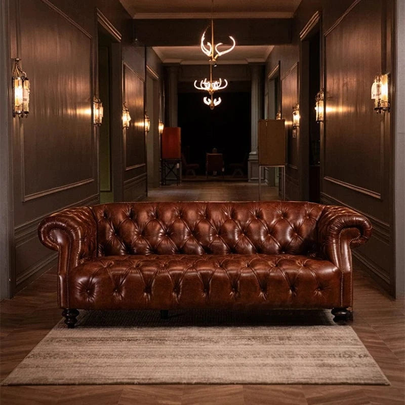 Classic Retro Oil Wax Leather Sofa - Luxury Pull-Up Sofa for Villa & Living Room