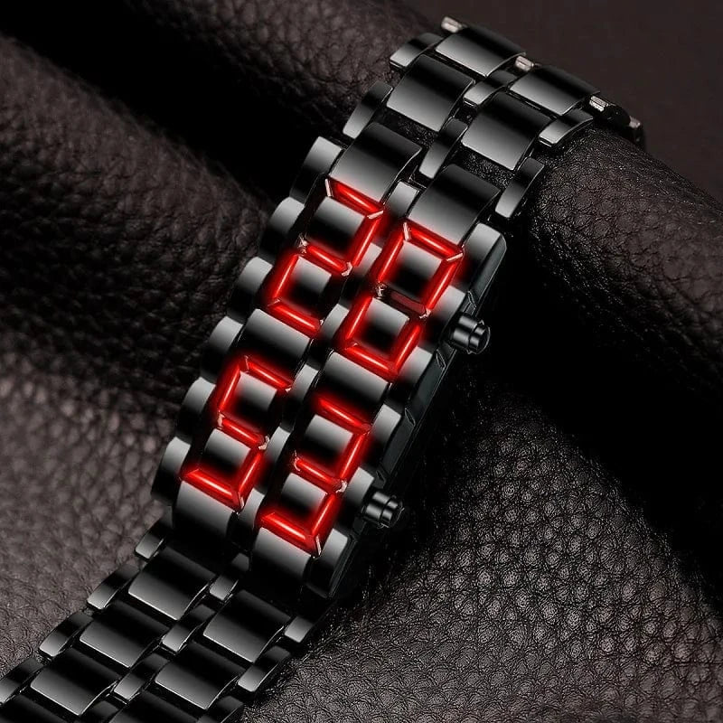Fashion Men’s Digital Lava Wrist Watch – Full Black Metal with Red/Blue LED Display | Creative Sports Clock, Stylish Gift for Men & Boys
