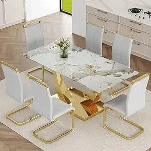 Faux Marble Dining Table Set Gold Metal Frame – Modern Elegant Kitchen & Dining Room Furniture
