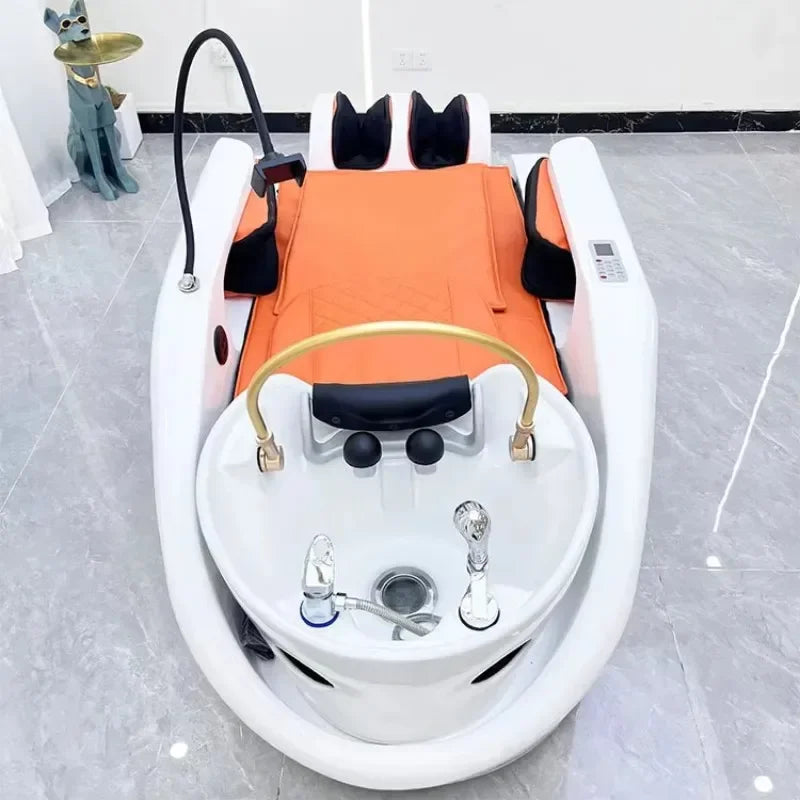 Barbershop Neuestes Head Spa Shampoo Bett mit Nachttisch-Dampf-Salonwaschbecken, elektrischer Rückenlehne, Shampoo Bett, zirkulierendes Wasser, Salondekor