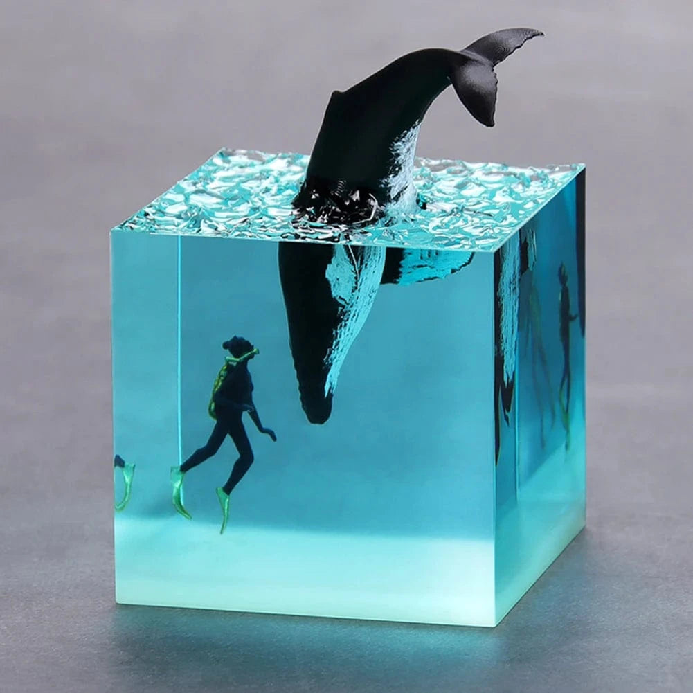 Marine Whale Cube Ornament – Ocean Diver Resin Decoration with Optional Light Base