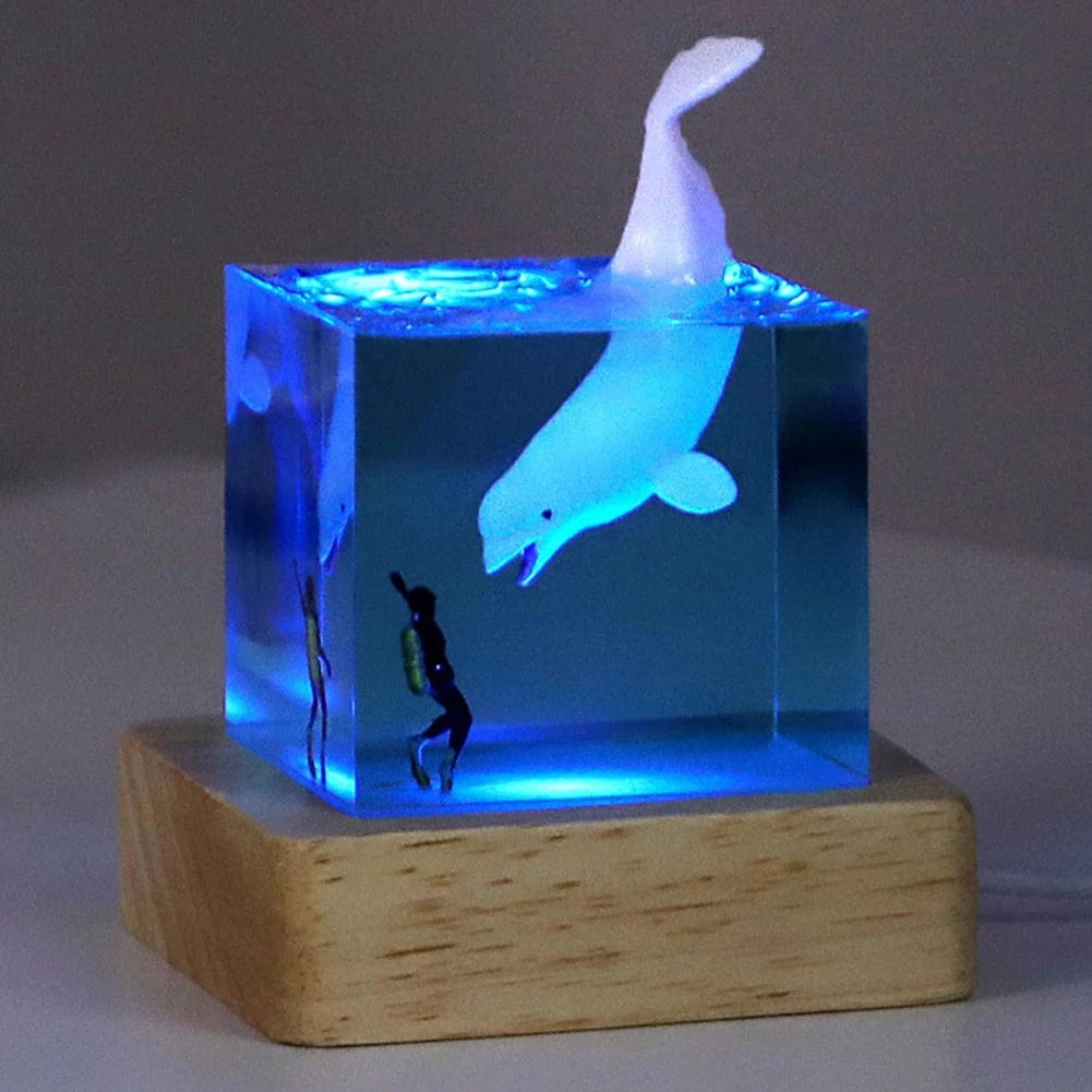 Marine Whale Cube Ornament – Ocean Diver Resin Decoration with Optional Light Base