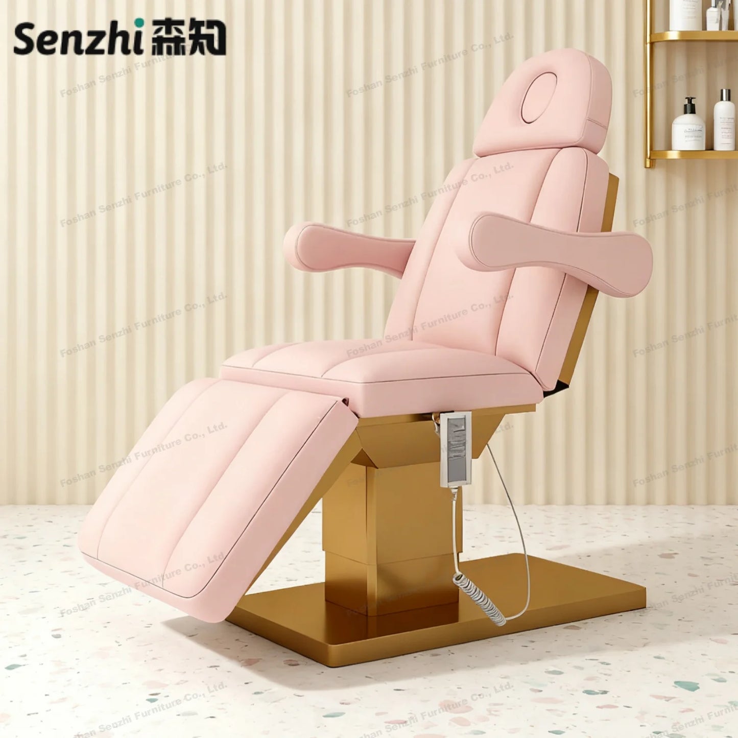 Luxuriöses elektrisches Schönheitsbett mit goldenem Sockel, Leder-Massagebett, Salon-Gesichts-Wimpernliege mit Beleuchtung