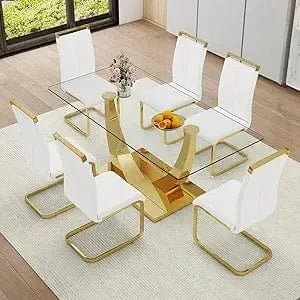 Faux Marble Dining Table Set Gold Metal Frame – Modern Elegant Kitchen & Dining Room Furniture