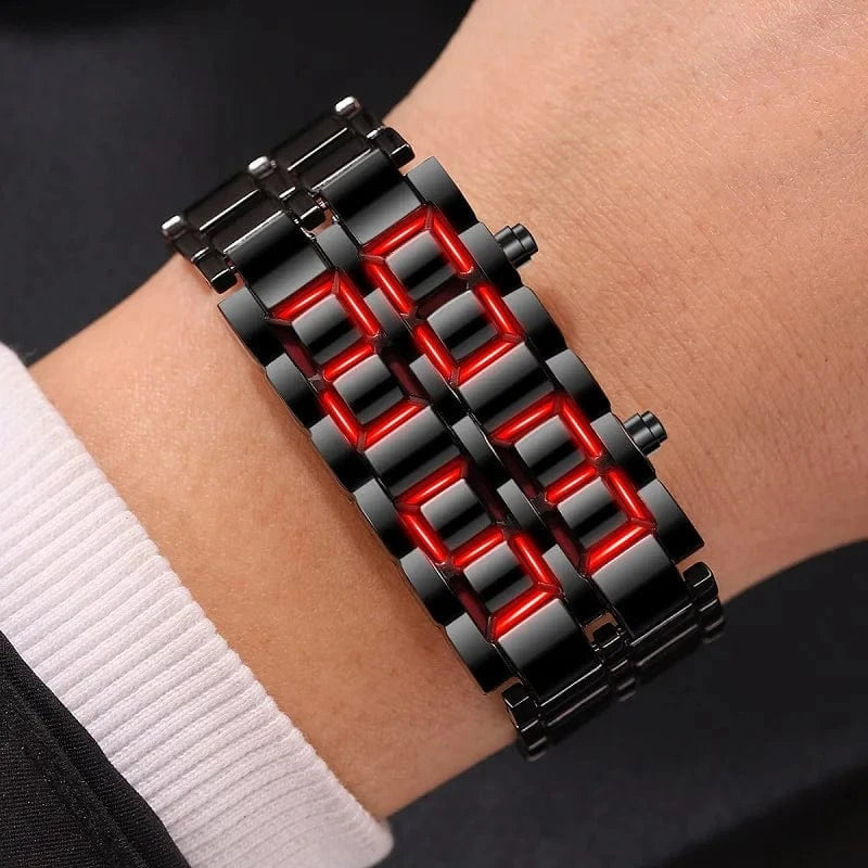 Fashion Men’s Digital Lava Wrist Watch – Full Black Metal with Red/Blue LED Display | Creative Sports Clock, Stylish Gift for Men & Boys