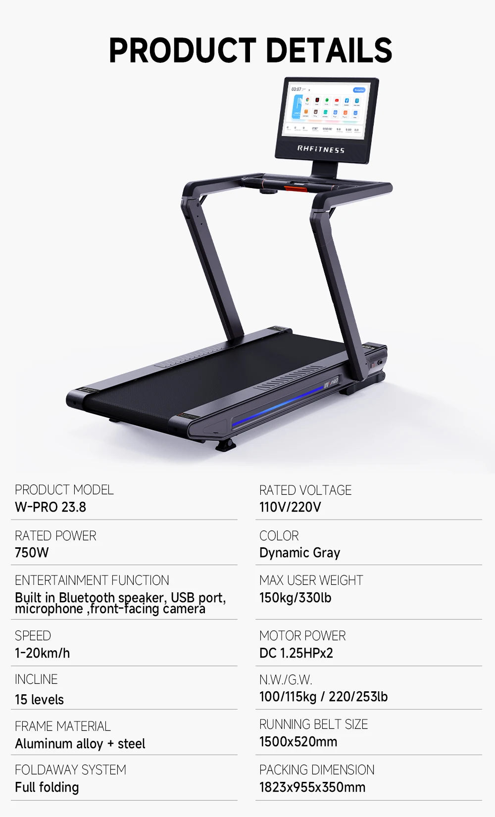 RH Home Fitness Adjustable Silent Foldable & Multifunction Treadmill Indoor Treadmill for Gym
