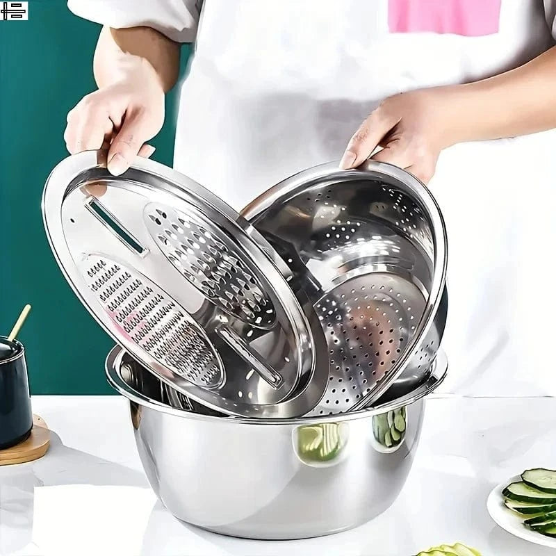 Ensemble 3 Pièces Inox Multifonction – Passoire, Saladier & Panier pour Laver