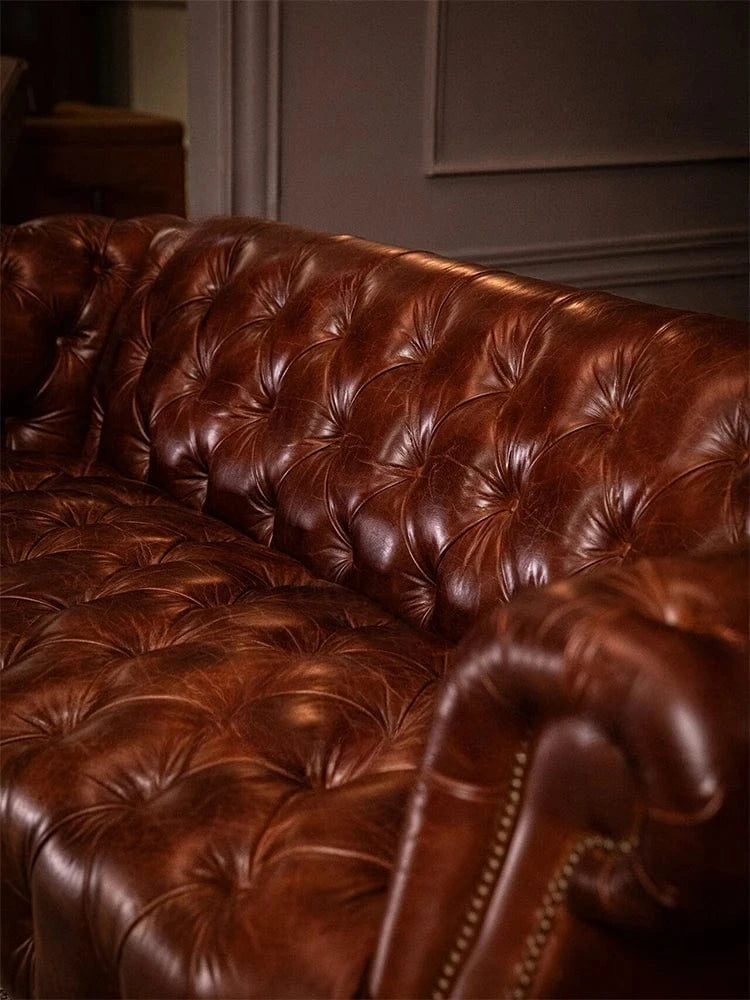 Classic Retro Oil Wax Leather Sofa - Luxury Pull-Up Sofa for Villa & Living Room
