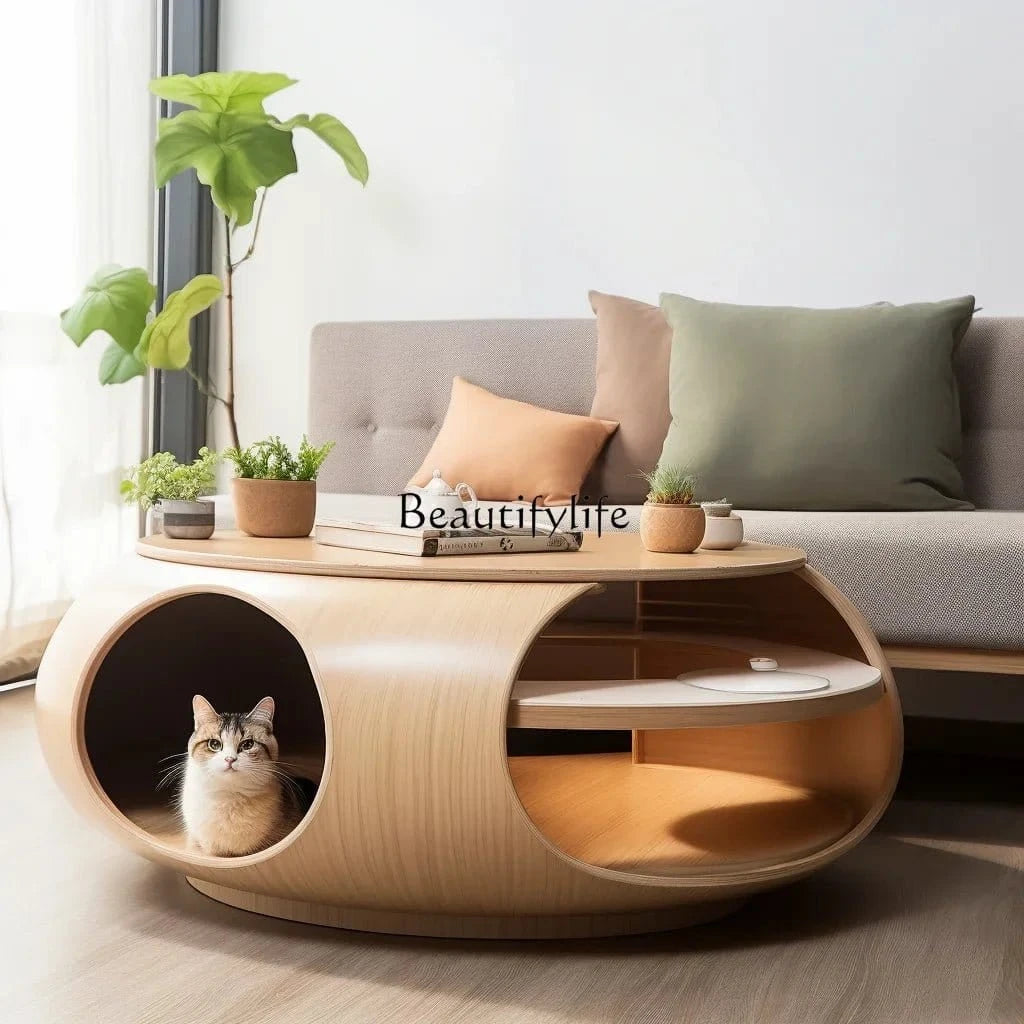 Coffee Table with Built - In Cat Nest – Semi - Closed, Removable & Washable - FastZen