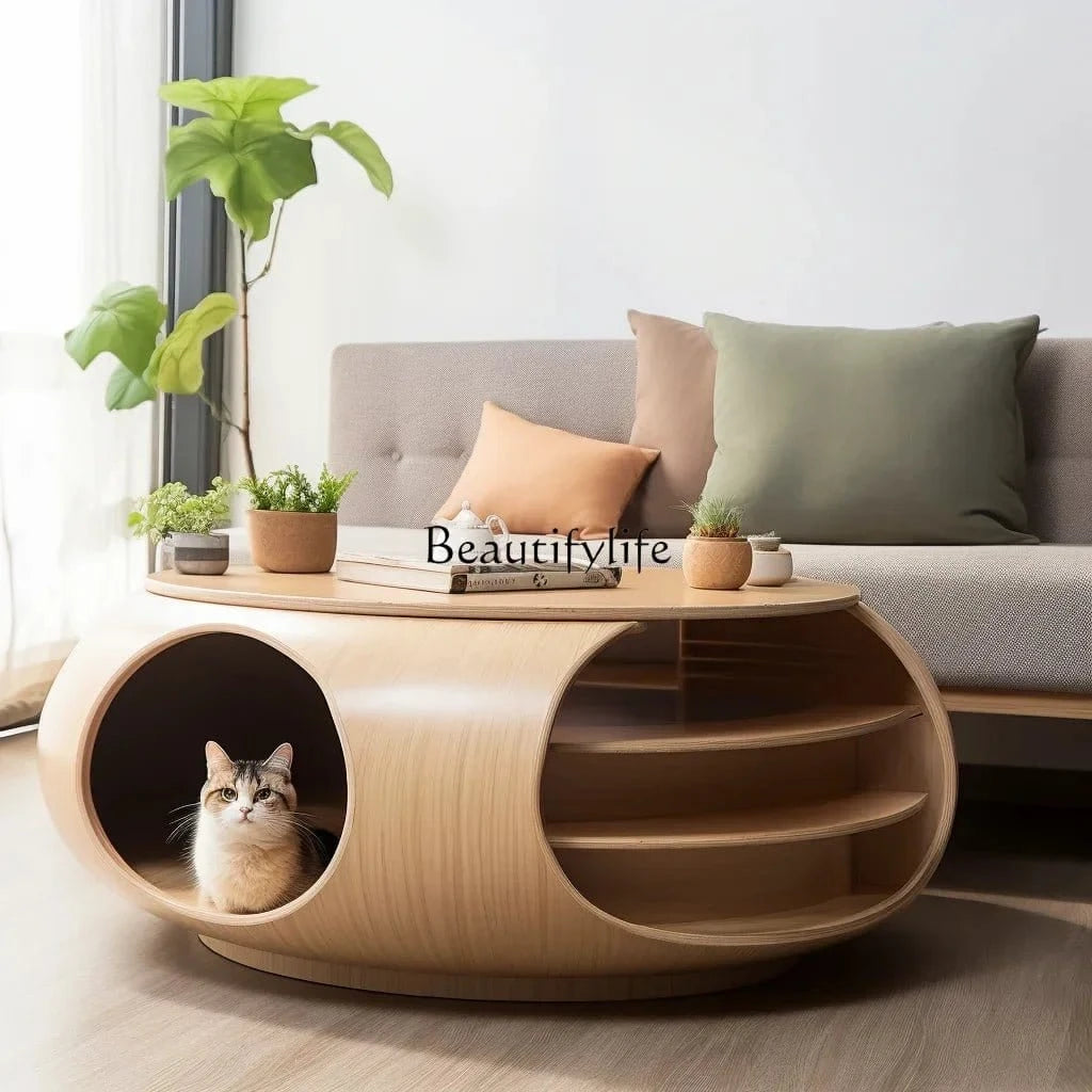 Coffee Table with Built - In Cat Nest – Semi - Closed, Removable & Washable - FastZen