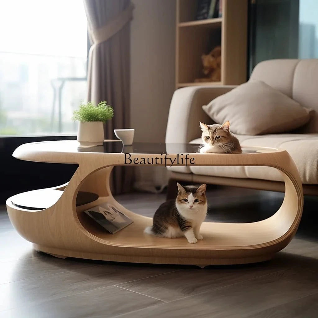 Coffee Table with Built - In Cat Nest – Semi - Closed, Removable & Washable - FastZen