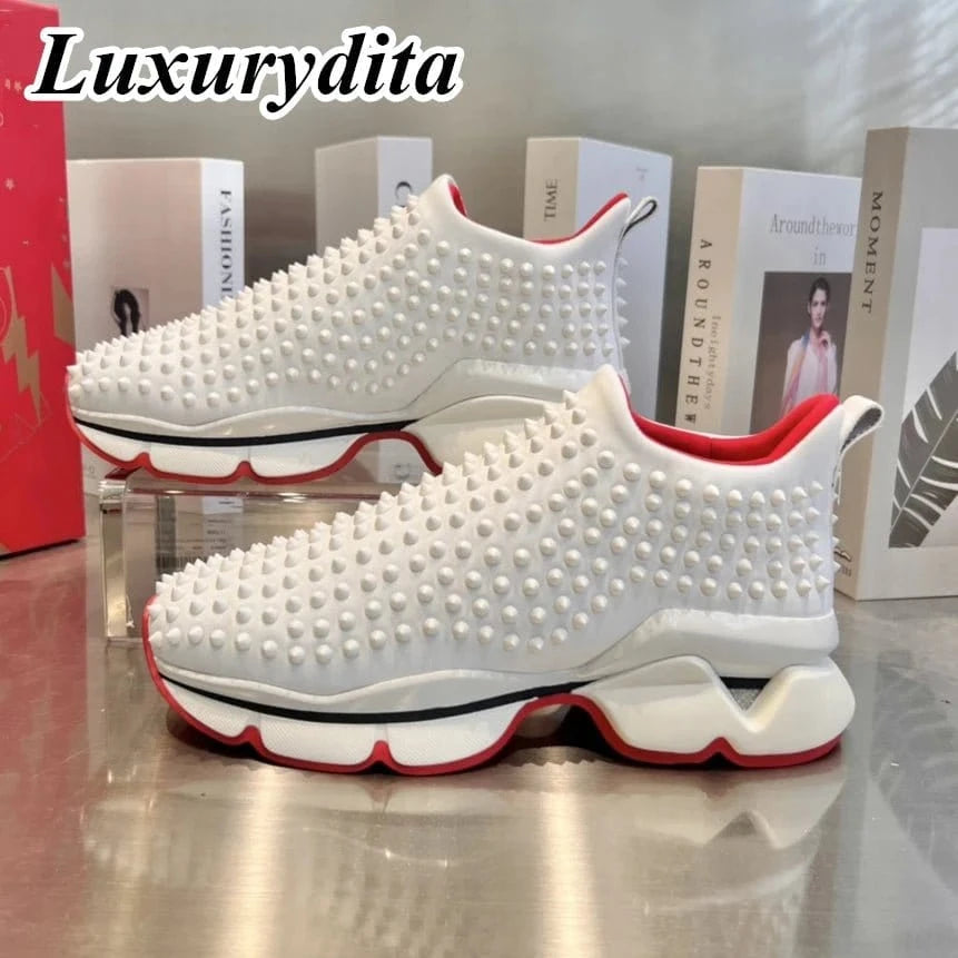 Luxury Designer Sneakers – Trendy Casual Shoes for Women & Men with Genuine Leather, Red Sole & Rivet Detailing - FastZen
