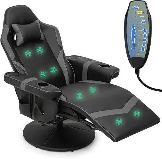 Massage Gaming Recliner Chair – 360° Swivel PU Leather Recliner with Adjustable Backrest, Footrest, Cup Holders & Bluetooth - FastZen