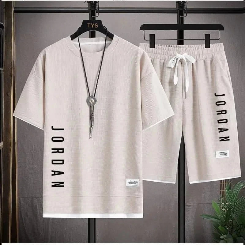 Men’s Summer 2025 Waffle Fabric Sports Set – Casual Loose T-Shirt & Shorts for Running & Leisure - FastZen