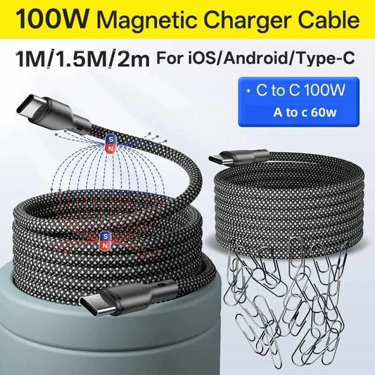 100W 60W Magnetic Coiled Cable USB Type C Car Flexible Braided Cable 6A Data Cord for iPhone 16 15 Samsung S25 S24 Xiaomi iPad - FastZen