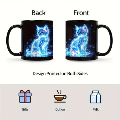1pc Glowing Neon Blue Cat Coffee Mug - Ceramic Cup with Electric Blue Kitten & Stars, Dishwasher Safe - Perfect Gift for Cat Lovers, Birthdays, Christmas, Valentine's - Ideal for Home, Cafes, Offices - Decorative Kitchenware, - FastZen