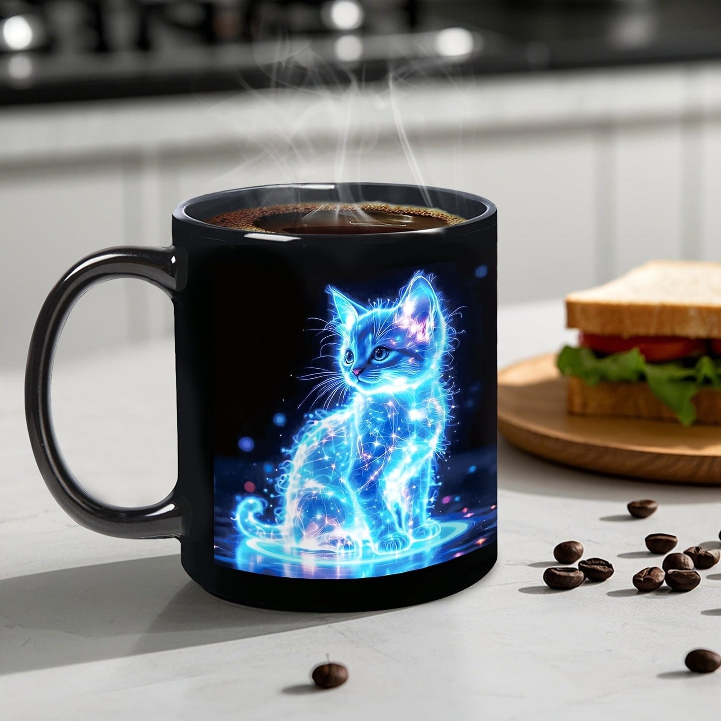 1pc Glowing Neon Blue Cat Coffee Mug - Ceramic Cup with Electric Blue Kitten & Stars, Dishwasher Safe - Perfect Gift for Cat Lovers, Birthdays, Christmas, Valentine's - Ideal for Home, Cafes, Offices - Decorative Kitchenware, - FastZen