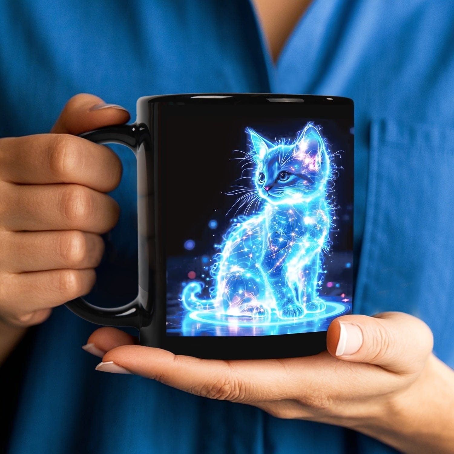 1pc Glowing Neon Blue Cat Coffee Mug - Ceramic Cup with Electric Blue Kitten & Stars, Dishwasher Safe - Perfect Gift for Cat Lovers, Birthdays, Christmas, Valentine's - Ideal for Home, Cafes, Offices - Decorative Kitchenware, - FastZen