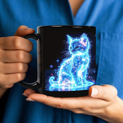 1pc Glowing Neon Blue Cat Coffee Mug - Ceramic Cup with Electric Blue Kitten & Stars, Dishwasher Safe - Perfect Gift for Cat Lovers, Birthdays, Christmas, Valentine's - Ideal for Home, Cafes, Offices - Decorative Kitchenware, - FastZen