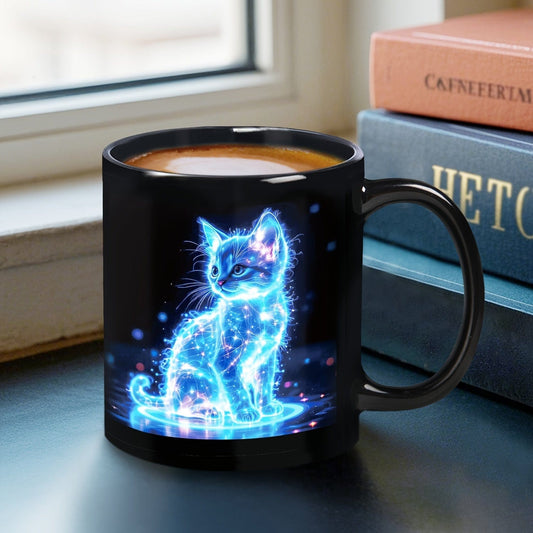 1pc Glowing Neon Blue Cat Coffee Mug - Ceramic Cup with Electric Blue Kitten & Stars, Dishwasher Safe - Perfect Gift for Cat Lovers, Birthdays, Christmas, Valentine's - Ideal for Home, Cafes, Offices - Decorative Kitchenware, - FastZen