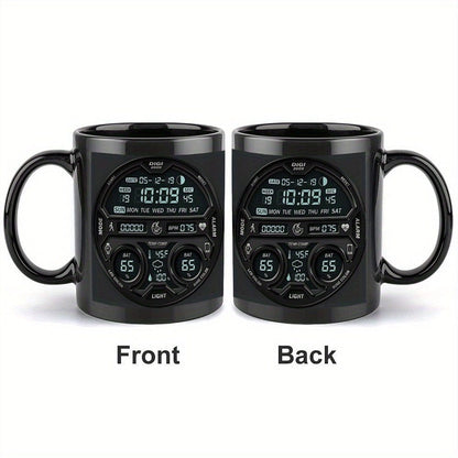 1pc Large 11oz Coffee Mug Cup with Digital Clock Design - Black with Blue Accents, Heavy - Duty Construction for Camping, Home, Office - Ideal Gift for Christmas, Halloween, Thanksgiving, Father's Day - Hand Wash Only - Ideal f - FastZen