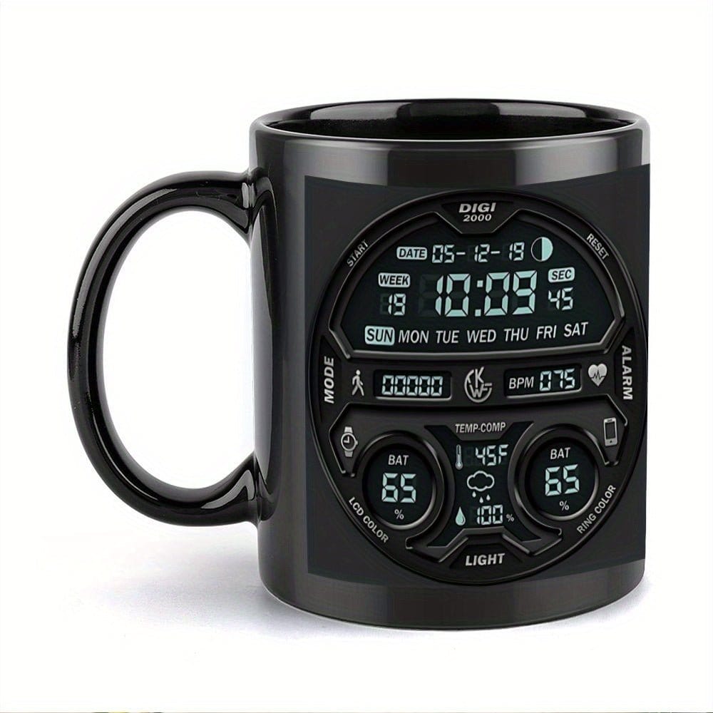 1pc Large 11oz Coffee Mug Cup with Digital Clock Design - Black with Blue Accents, Heavy - Duty Construction for Camping, Home, Office - Ideal Gift for Christmas, Halloween, Thanksgiving, Father's Day - Hand Wash Only - Ideal f - FastZen