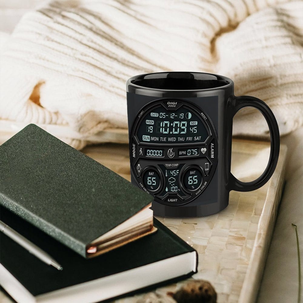 1pc Large 11oz Coffee Mug Cup with Digital Clock Design - Black with Blue Accents, Heavy - Duty Construction for Camping, Home, Office - Ideal Gift for Christmas, Halloween, Thanksgiving, Father's Day - Hand Wash Only - Ideal f - FastZen