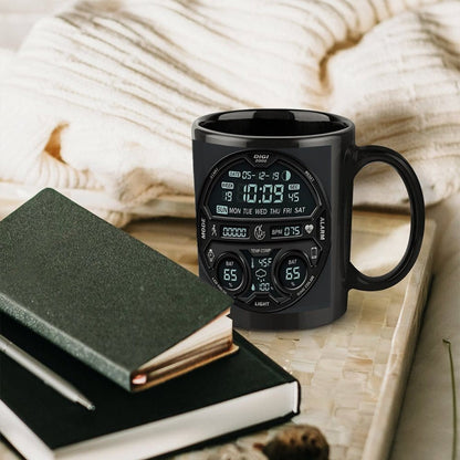 1pc Large 11oz Coffee Mug Cup with Digital Clock Design - Black with Blue Accents, Heavy - Duty Construction for Camping, Home, Office - Ideal Gift for Christmas, Halloween, Thanksgiving, Father's Day - Hand Wash Only - Ideal f - FastZen