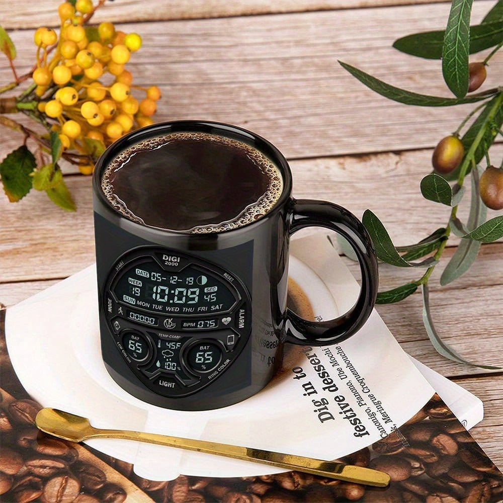 1pc Large 11oz Coffee Mug Cup with Digital Clock Design - Black with Blue Accents, Heavy - Duty Construction for Camping, Home, Office - Ideal Gift for Christmas, Halloween, Thanksgiving, Father's Day - Hand Wash Only - Ideal f - FastZen